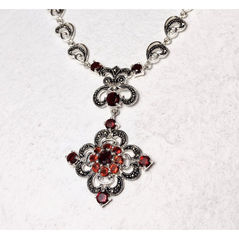 Ornate Garnet CZ Marcasite Silver Filigree Pendant Necklace Signed - Picture 8 of 12
